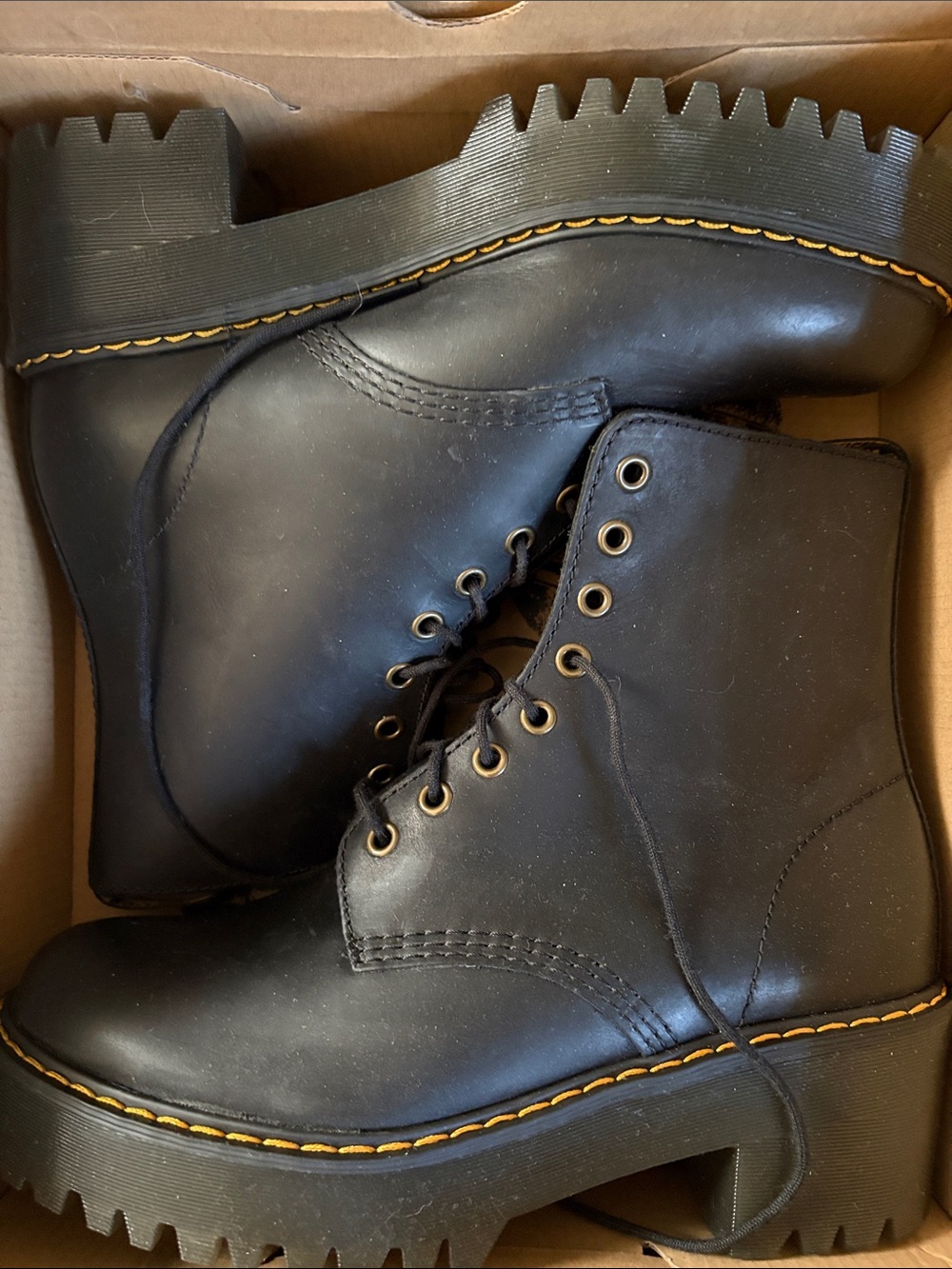 Dr. Martens Black Lace-Up Platform Combat Boots with Yellow Stitching